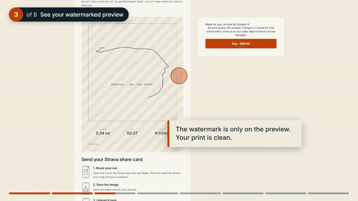 The order page on a computer, showing a preview of a route